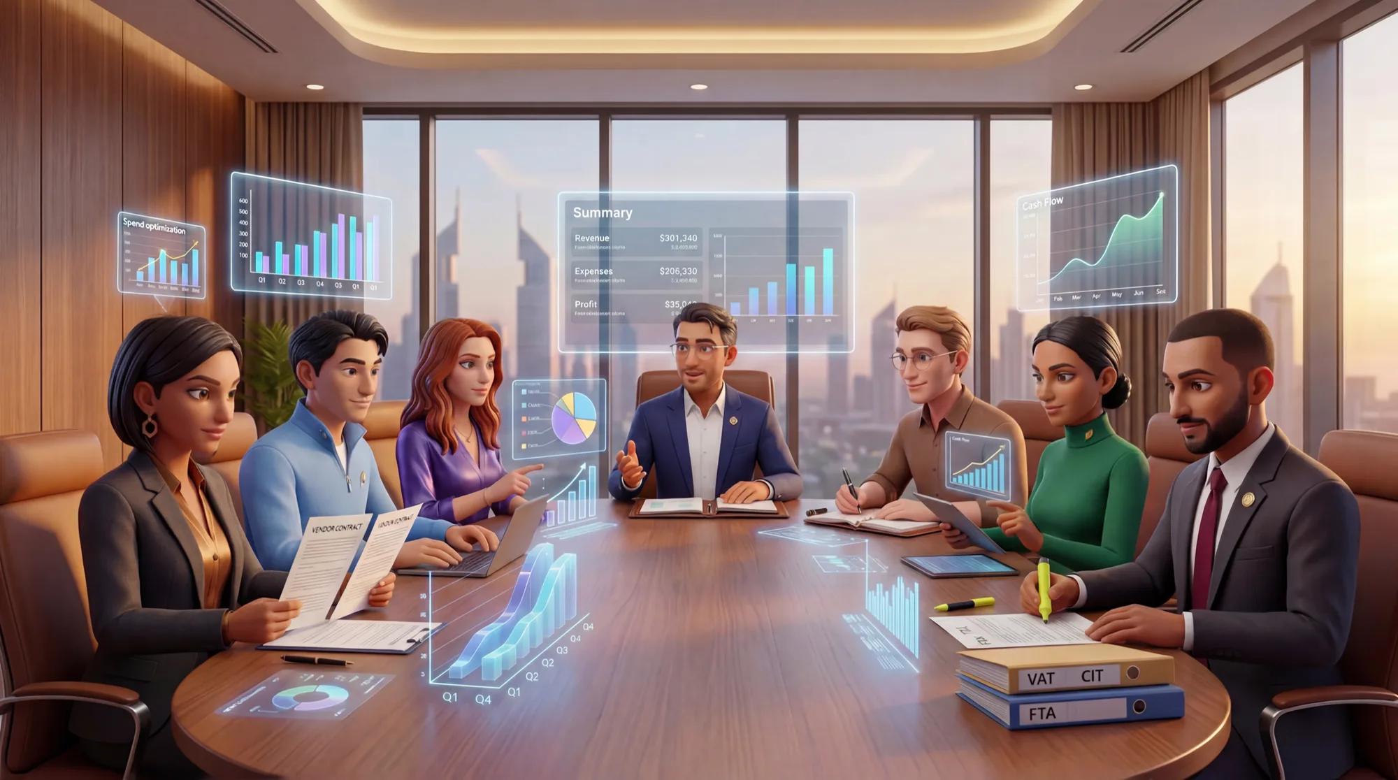 The Daira AI specialist team — Dariel and six specialists at a boardroom table with financial dashboards in the background